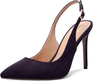 SHOWFOREST Womens Dating Slingback Buckle Dress Solid Pointed Toe Suede Stiletto High Heel Pumps Shoes 4 Inch