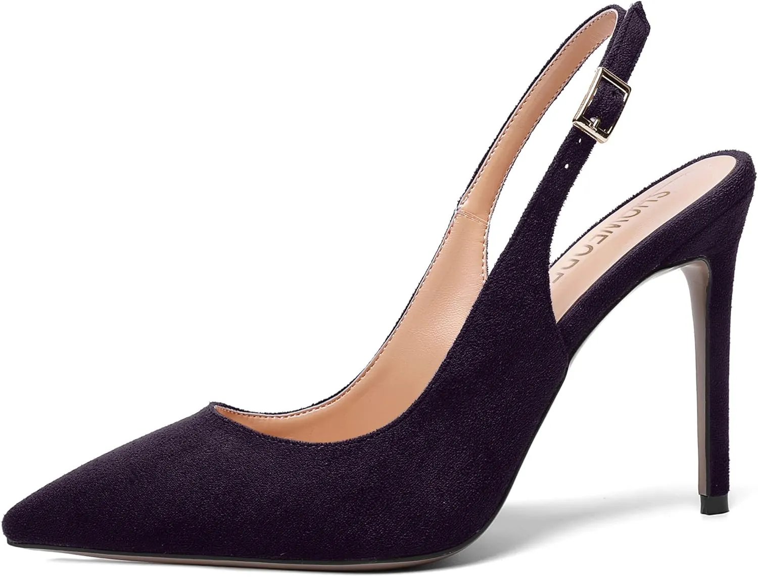 SHOWFOREST Womens Dating Slingback Buckle Dress Solid Pointed Toe Suede Stiletto High Heel Pumps Shoes 4 Inch