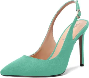 SHOWFOREST Womens Dating Slingback Buckle Dress Solid Pointed Toe Suede Stiletto High Heel Pumps Shoes 4 Inch