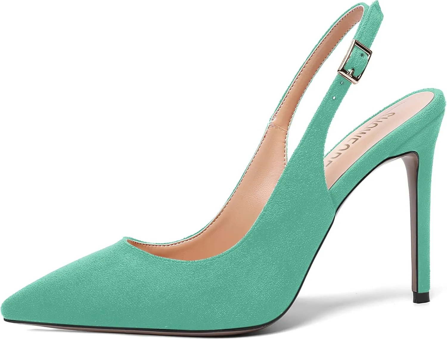 SHOWFOREST Womens Dating Slingback Buckle Dress Solid Pointed Toe Suede Stiletto High Heel Pumps Shoes 4 Inch