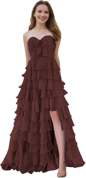 SHSUREVE Chiffon Ruffle Prom Dresses with Slit A Line Sweetheart Strapless Tiered Long Evening Party Formal Gown