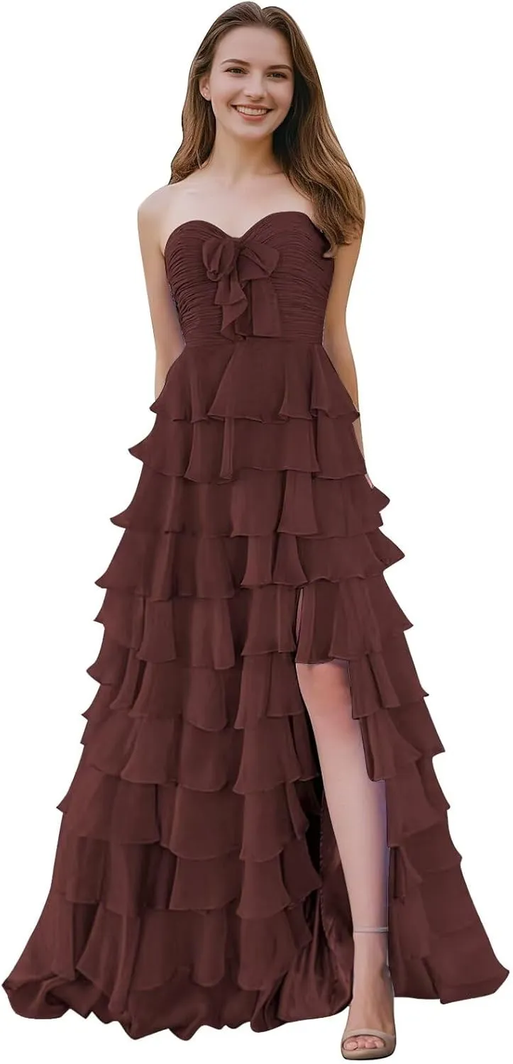 SHSUREVE Chiffon Ruffle Prom Dresses with Slit A Line Sweetheart Strapless Tiered Long Evening Party Formal Gown
