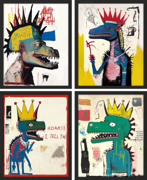 SIGNWIN Framed Vintage Retro Antique Basquiat Dinosaur Print Wall Art, Set of 4 Illustration Wall Decor Prints, Multicolor Contemporary Wall Décor for Living Room, Bedroom - 12"x16" Black