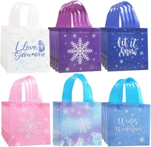 Sikoto 24Pcs Party Favor Gift Bag for Kids - Winter Snowflake Supplies Gift Bags with Handle Filler Stuffers Non-Woven Fabric Goodie Bag Christmas Birthday Frozen Theme Party Decorations