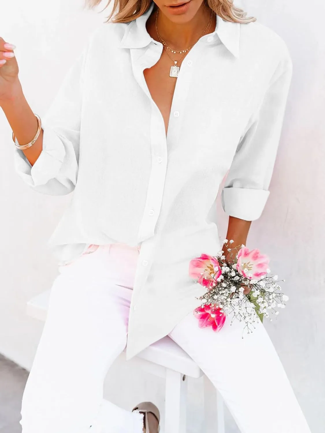 siliteelon Button Down Shirts for Women Dress Shirts Long Sleeve Wrinkle-Free Blouse Casual Solid Office Work Tunic Top