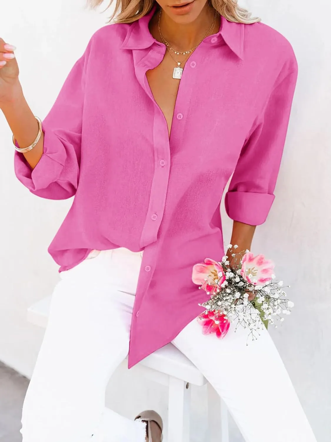 siliteelon Button Down Shirts for Women Dress Shirts Long Sleeve Wrinkle-Free Blouse Casual Solid Office Work Tunic Top