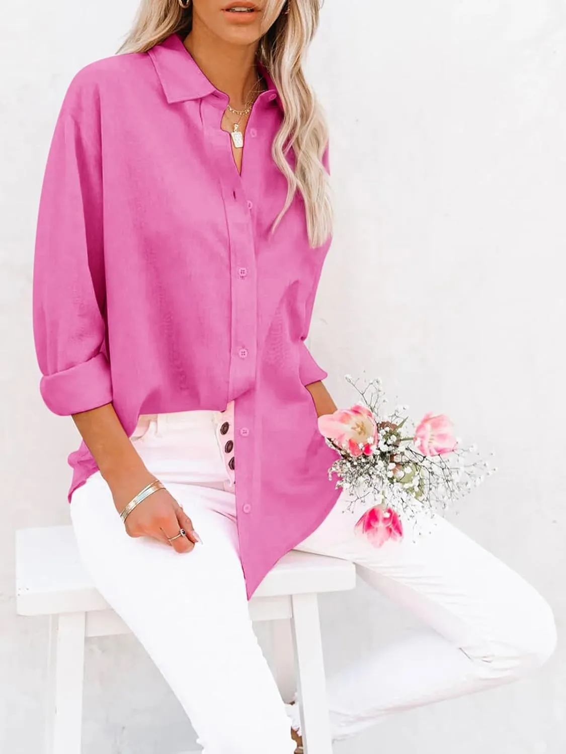 siliteelon Button Down Shirts for Women Dress Shirts Long Sleeve Wrinkle-Free Blouse Casual Solid Office Work Tunic Top