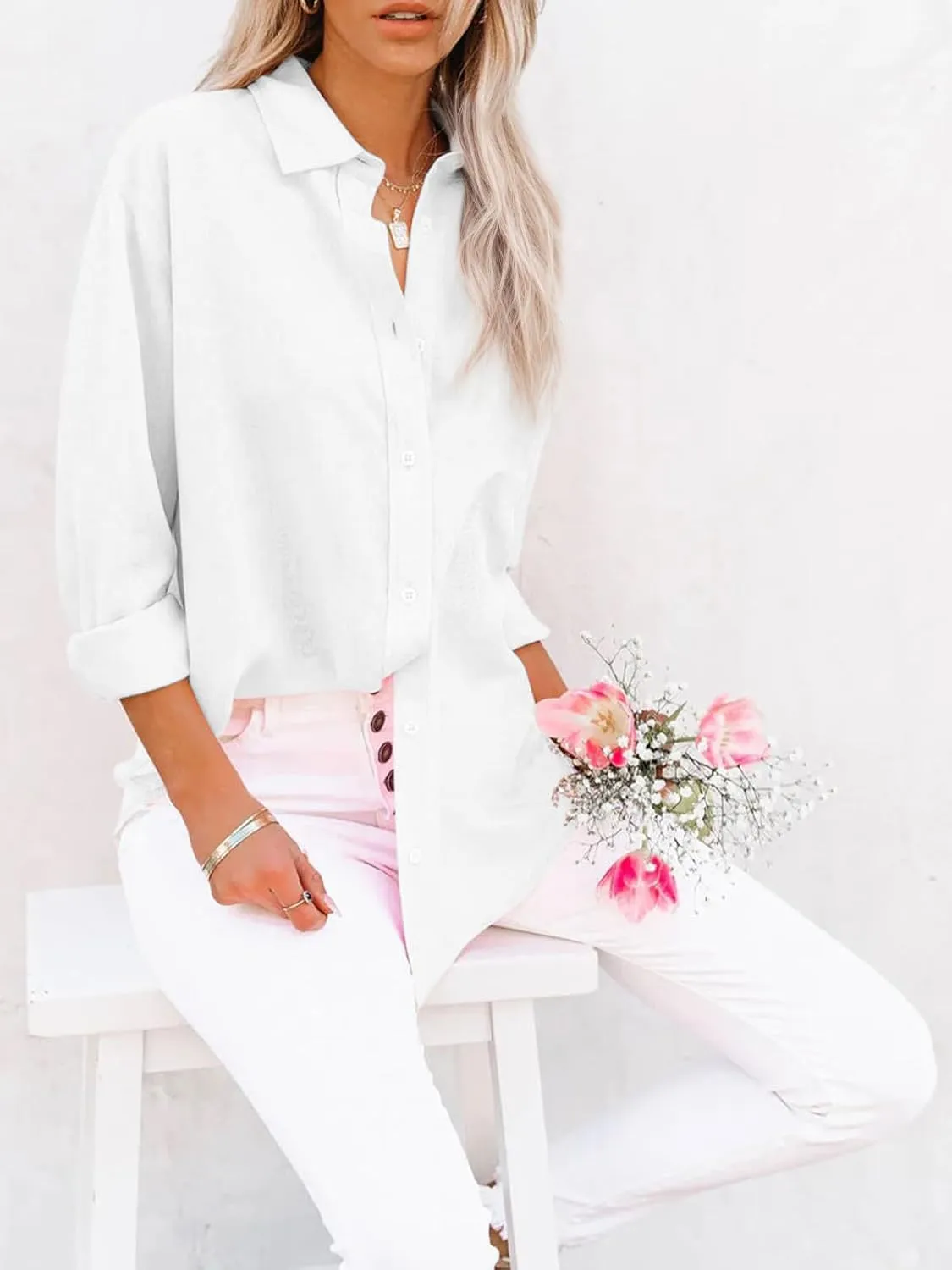 siliteelon Button Down Shirts for Women Dress Shirts Long Sleeve Wrinkle-Free Blouse Casual Solid Office Work Tunic Top