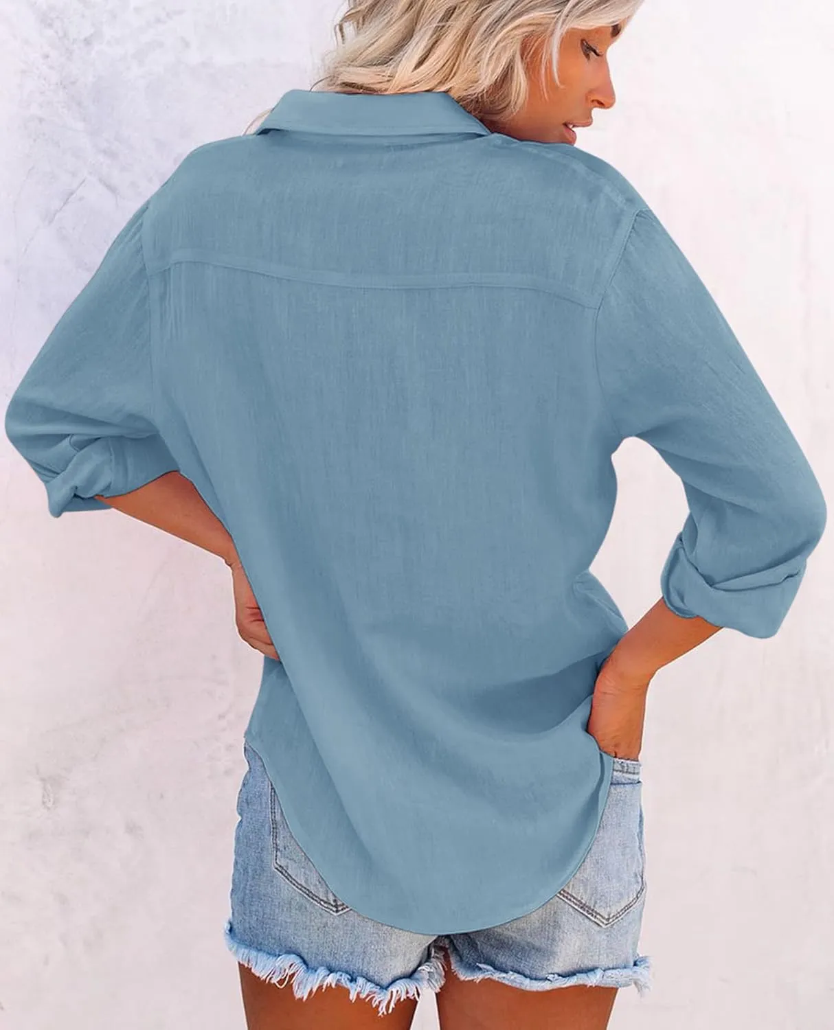 siliteelon Womens Button Down Shirts Cotton Dress Shirts Long Sleeve Blouses V Neck Solid Casual Tunics Tops with Pockets