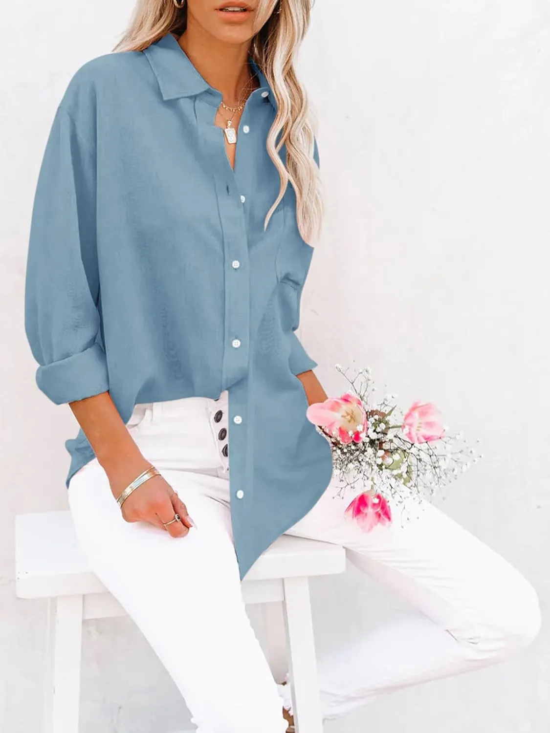siliteelon Womens Button Down Shirts Cotton Dress Shirts Long Sleeve Blouses V Neck Solid Casual Tunics Tops with Pockets