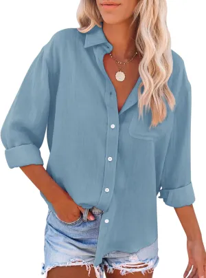 siliteelon Womens Button Down Shirts Cotton Dress Shirts Long Sleeve Blouses V Neck Solid Casual Tunics Tops with Pockets