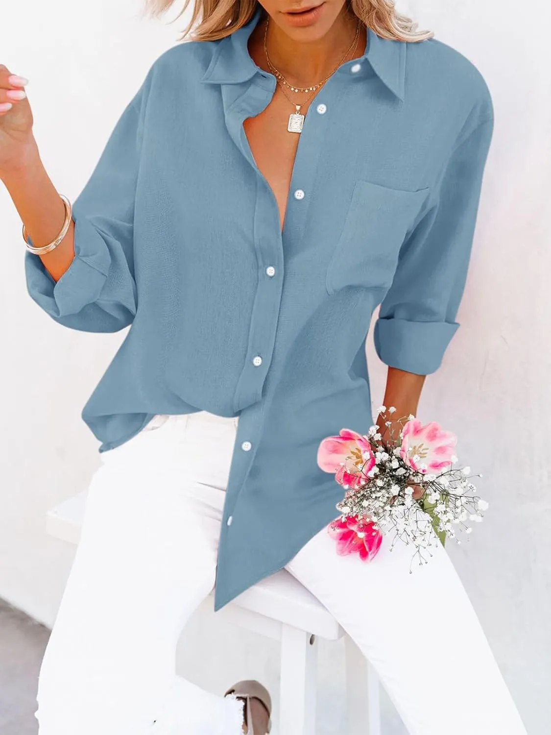 siliteelon Womens Button Down Shirts Cotton Dress Shirts Long Sleeve Blouses V Neck Solid Casual Tunics Tops with Pockets