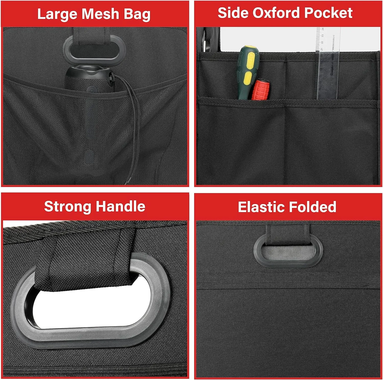 Simple Deluxe Car Trunk Organizer, 2 Compartments Collapsible Trunk Storage, Anti-slip Design, Made of Waterproof 600D Oxford Polyester, Suitable for SUV, Minivan, Truck, Standard Size, Black