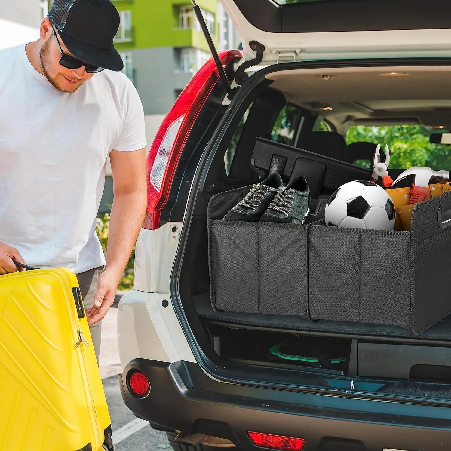 Simple Deluxe Car Trunk Organizer, 2 Compartments Collapsible Trunk Storage, Anti-slip Design, Made of Waterproof 600D Oxford Polyester, Suitable for SUV, Minivan, Truck, Standard Size, Black