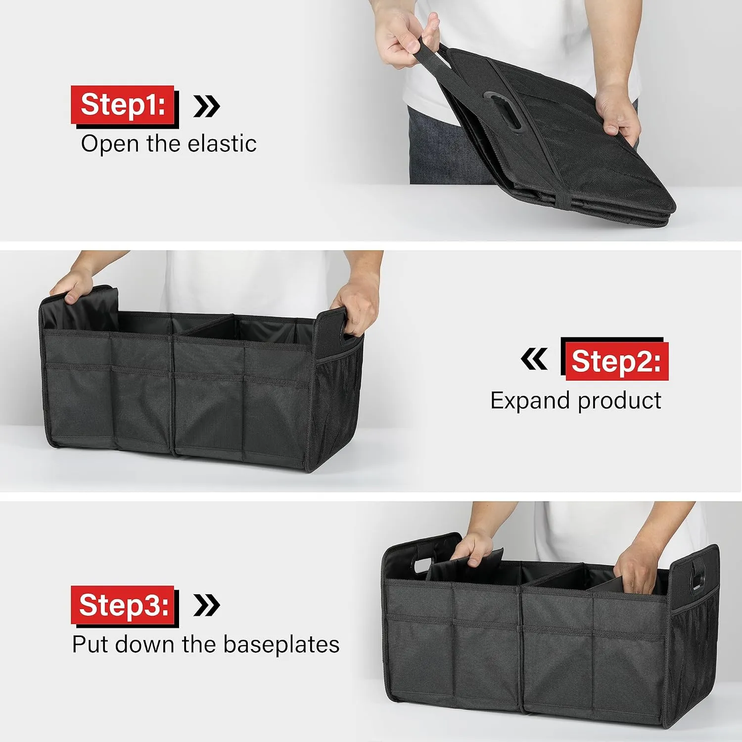 Simple Deluxe Car Trunk Organizer, 2 Compartments Collapsible Trunk Storage, Anti-slip Design, Made of Waterproof 600D Oxford Polyester, Suitable for SUV, Minivan, Truck, Standard Size, Black