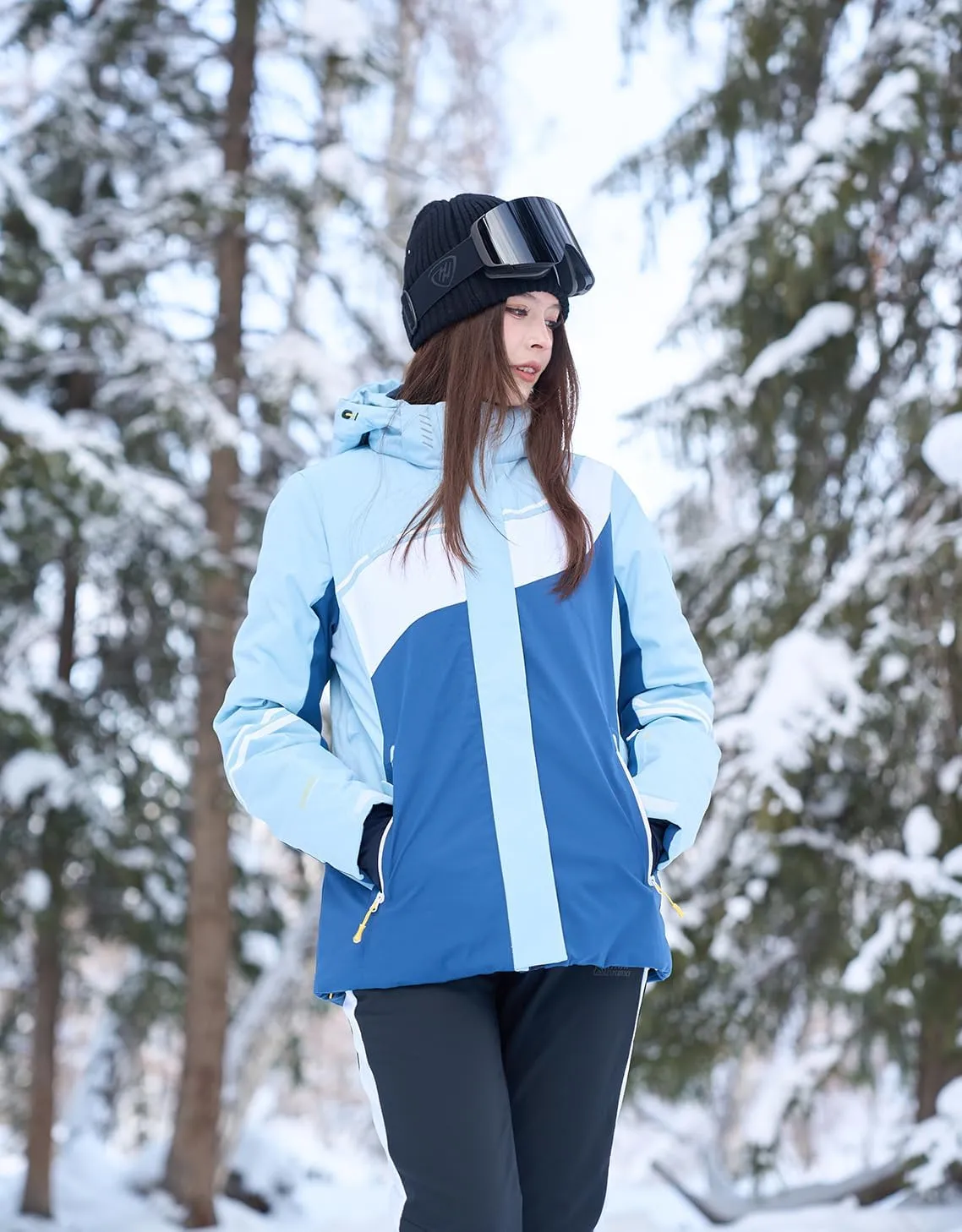Ski Jacket Women Snowboard Coat Fitted Slim Fit Snow Short Windproof Waterproof Insulated Warm Removable Hood