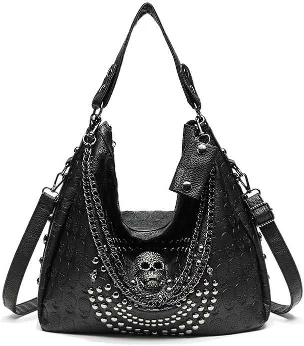 Skull Crossbody Tote Bags for Women Punk Faux Leather Hobo Punk Rivet Bag with Multi Pockets and Studs Design Trendy Shoulder Bag Work Boston Bag, Red