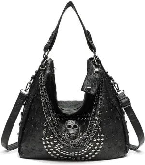 Skull Crossbody Tote Bags for Women Punk Faux Leather Hobo Punk Rivet Bag with Multi Pockets and Studs Design Trendy Shoulder Bag Work Boston Bag, Red