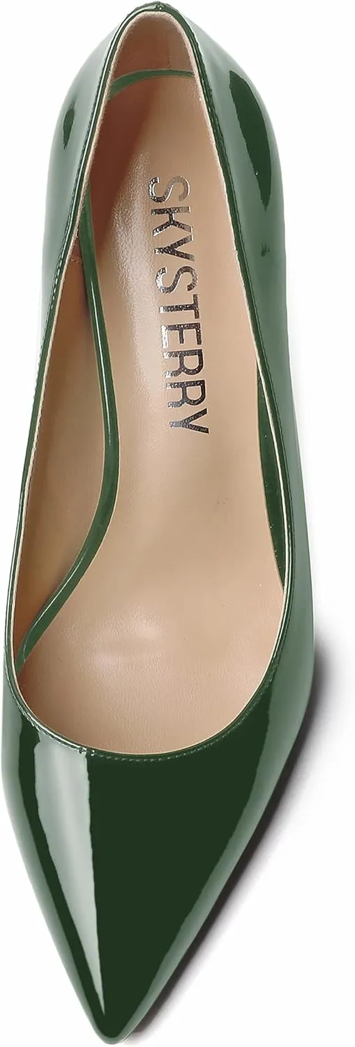 SKYSTERRY Women's Slip On Casual Patent Pointed Toe Office Spool High Heel Pumps Shoes 3.3 Inch