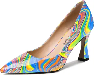 SKYSTERRY Women's Slip On Casual Patent Pointed Toe Office Spool High Heel Pumps Shoes 3.3 Inch