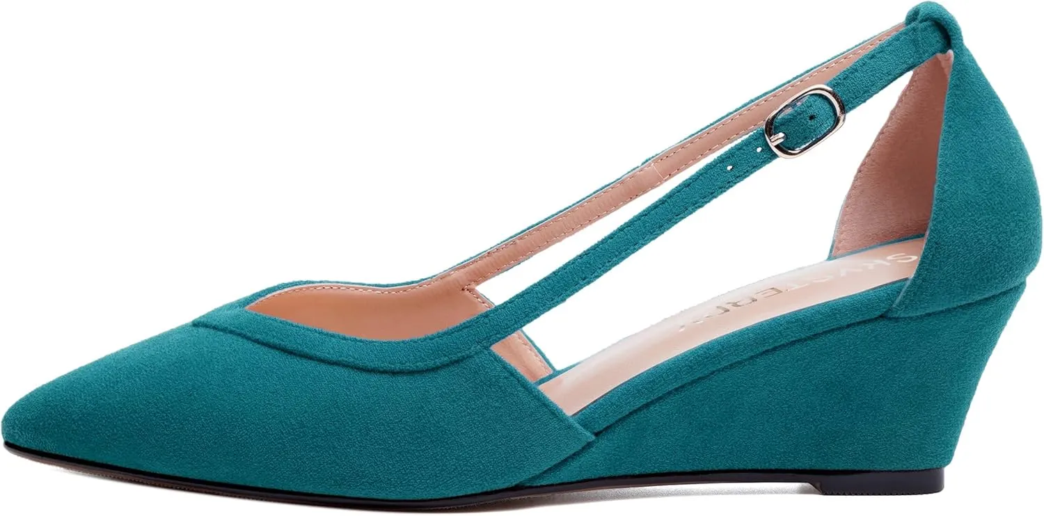 SKYSTERRY Womens Wedding Suede Slip On Pointed Toe Dress Wedge Low Heel Pumps Shoes 2 Inch