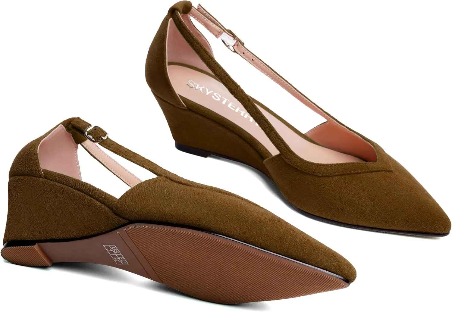 SKYSTERRY Womens Wedding Suede Slip On Pointed Toe Dress Wedge Low Heel Pumps Shoes 2 Inch
