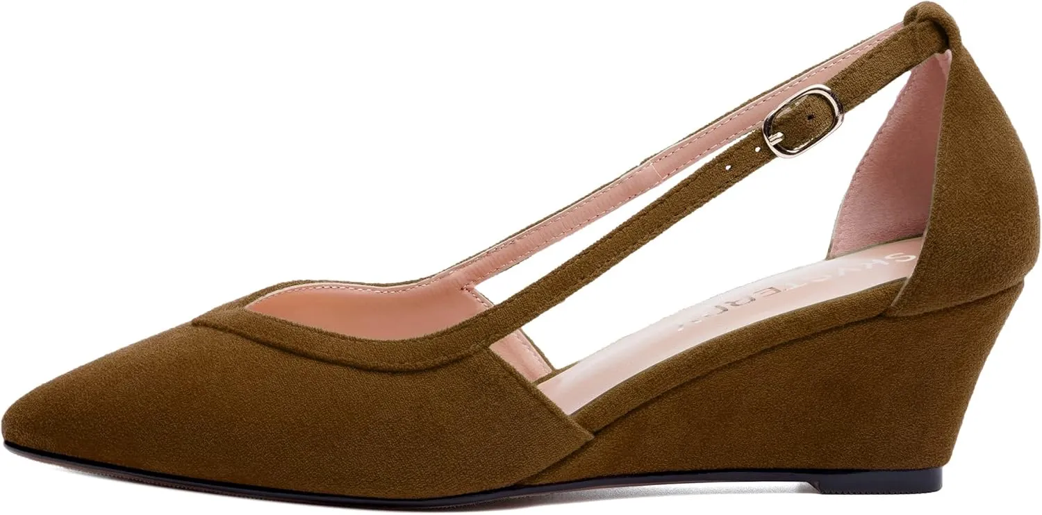 SKYSTERRY Womens Wedding Suede Slip On Pointed Toe Dress Wedge Low Heel Pumps Shoes 2 Inch