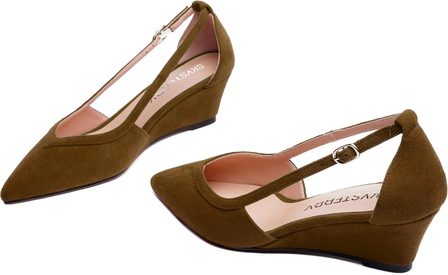 SKYSTERRY Womens Wedding Suede Slip On Pointed Toe Dress Wedge Low Heel Pumps Shoes 2 Inch
