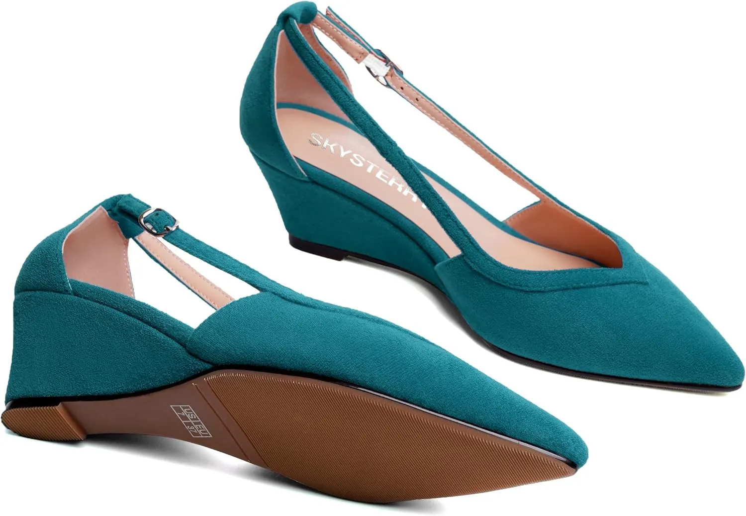 SKYSTERRY Womens Wedding Suede Slip On Pointed Toe Dress Wedge Low Heel Pumps Shoes 2 Inch