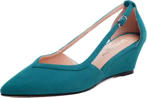 SKYSTERRY Womens Wedding Suede Slip On Pointed Toe Dress Wedge Low Heel Pumps Shoes 2 Inch
