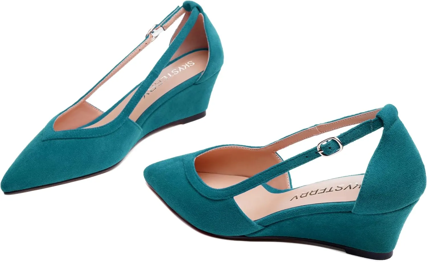 SKYSTERRY Womens Wedding Suede Slip On Pointed Toe Dress Wedge Low Heel Pumps Shoes 2 Inch