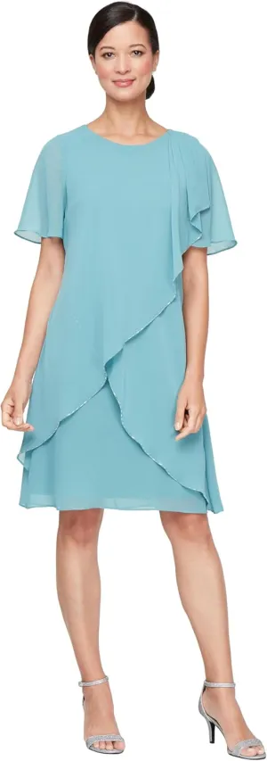 S.L. Fashions Women's Chiffon Tulip Overlay Wedding Guest Dress with Short Sleeves and Bugle Bead Embellishment