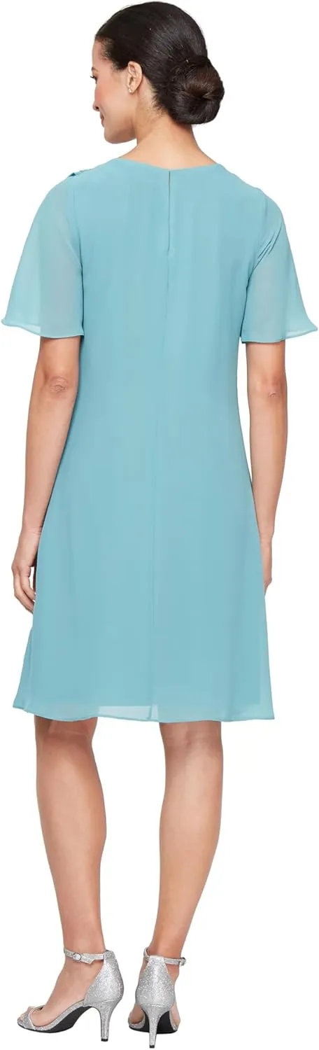 S.L. Fashions Women's Chiffon Tulip Overlay Wedding Guest Dress with Short Sleeves and Bugle Bead Embellishment
