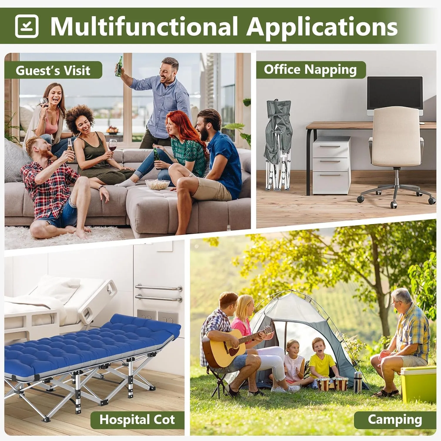 Slendor Folding Camping Cot with Mattress for Adults,74”L x 28”W x 15”H, Portable Sleeping Cot Bed for Tent, Office, Camping, Outdoor, Striated Gray Cot,Gray Blue Pad,500lbs Load