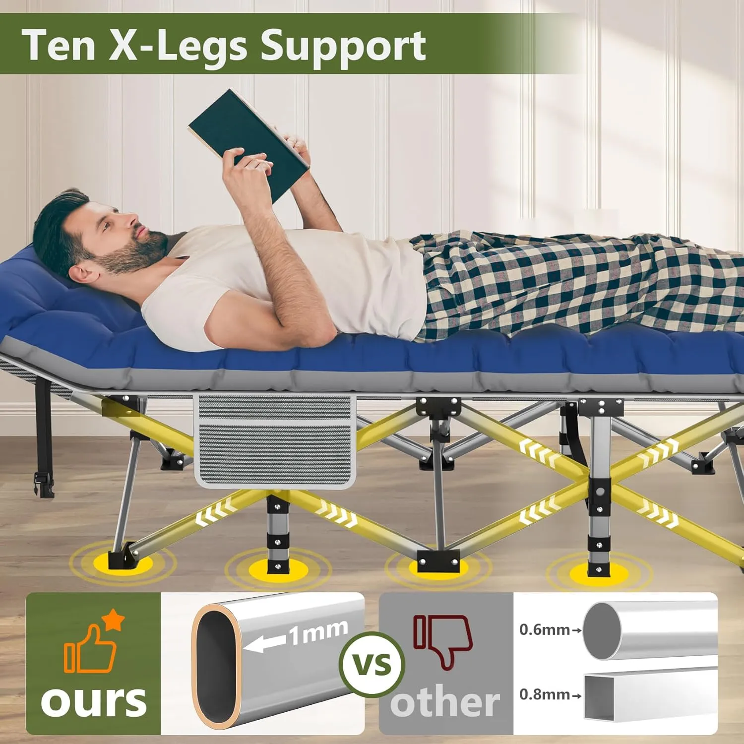 Slendor Folding Camping Cot with Mattress for Adults,74”L x 28”W x 15”H, Portable Sleeping Cot Bed for Tent, Office, Camping, Outdoor, Striated Gray Cot,Gray Blue Pad,500lbs Load