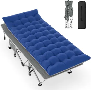 Slendor Folding Camping Cot with Mattress for Adults,74”L x 28”W x 15”H, Portable Sleeping Cot Bed for Tent, Office, Camping, Outdoor, Striated Gray Cot,Gray Blue Pad,500lbs Load