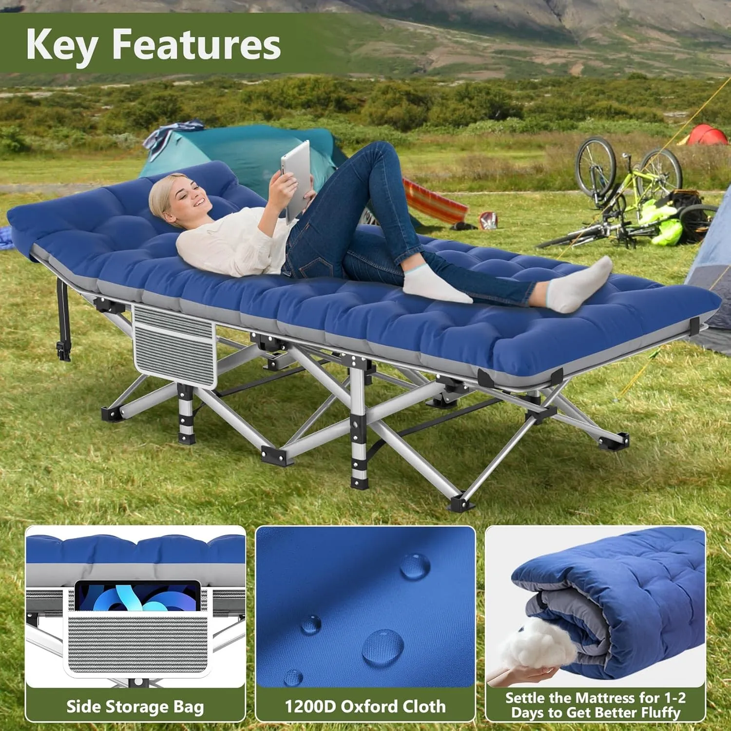 Slendor Folding Camping Cot with Mattress for Adults,74”L x 28”W x 15”H, Portable Sleeping Cot Bed for Tent, Office, Camping, Outdoor, Striated Gray Cot,Gray Blue Pad,500lbs Load