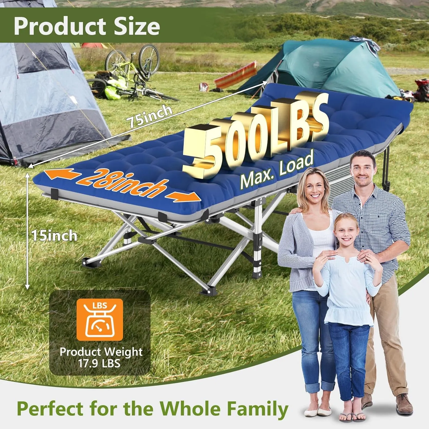Slendor Folding Camping Cot with Mattress for Adults,74”L x 28”W x 15”H, Portable Sleeping Cot Bed for Tent, Office, Camping, Outdoor, Striated Gray Cot,Gray Blue Pad,500lbs Load
