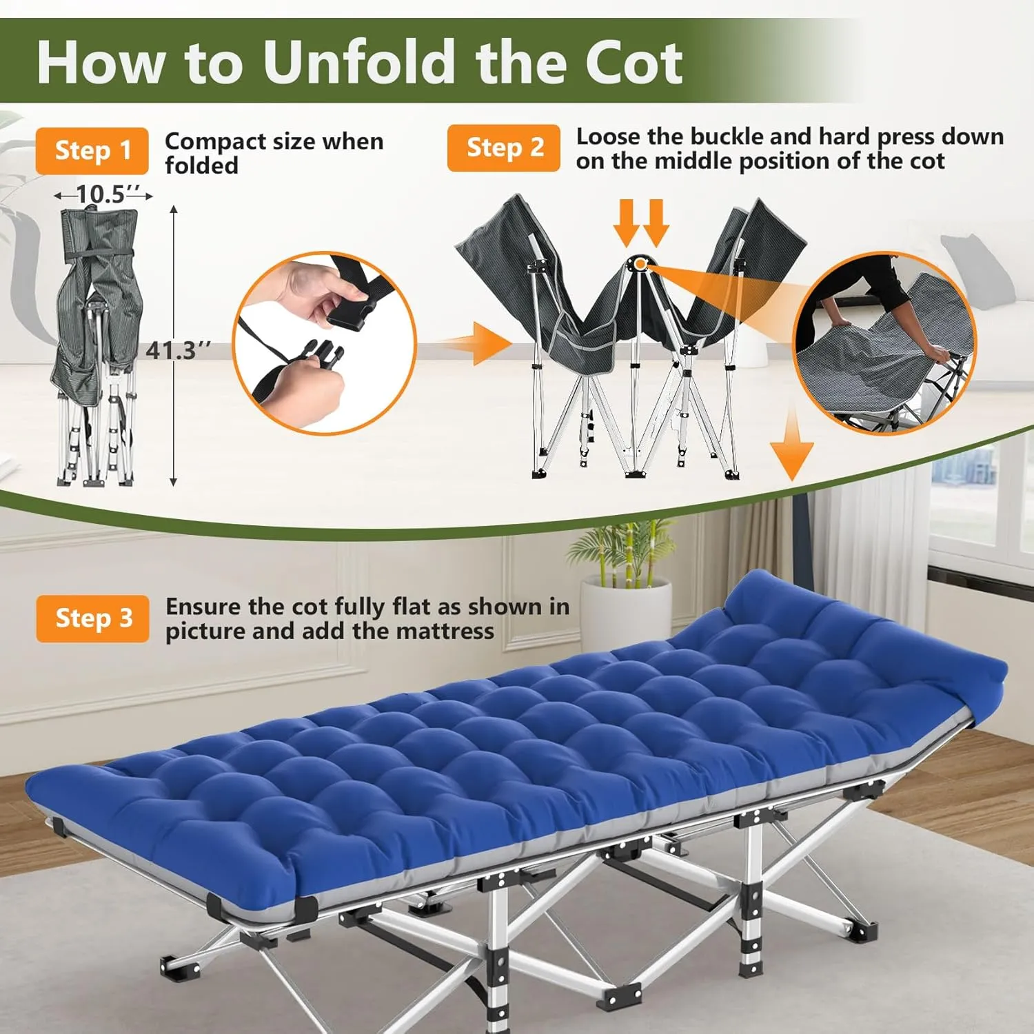 Slendor Folding Camping Cot with Mattress for Adults,74”L x 28”W x 15”H, Portable Sleeping Cot Bed for Tent, Office, Camping, Outdoor, Striated Gray Cot,Gray Blue Pad,500lbs Load