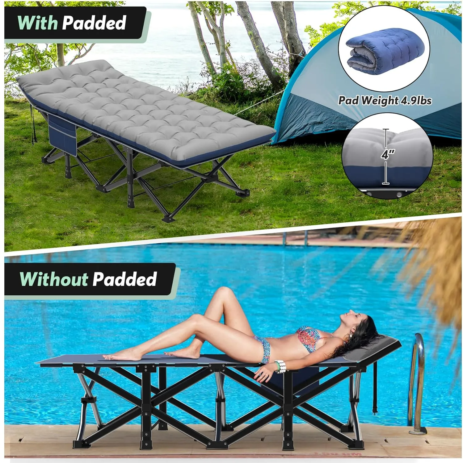 Slendor Ovsesized Camping Cot XXL, Folding Cot for Adults,79" L x 32" W x 19" H Camp Cot, Sleeping Cot with Mattress, Carry Bag, Cot Bed for Tent, Office, Support 500lbs, Blue Cot  Grey Pad