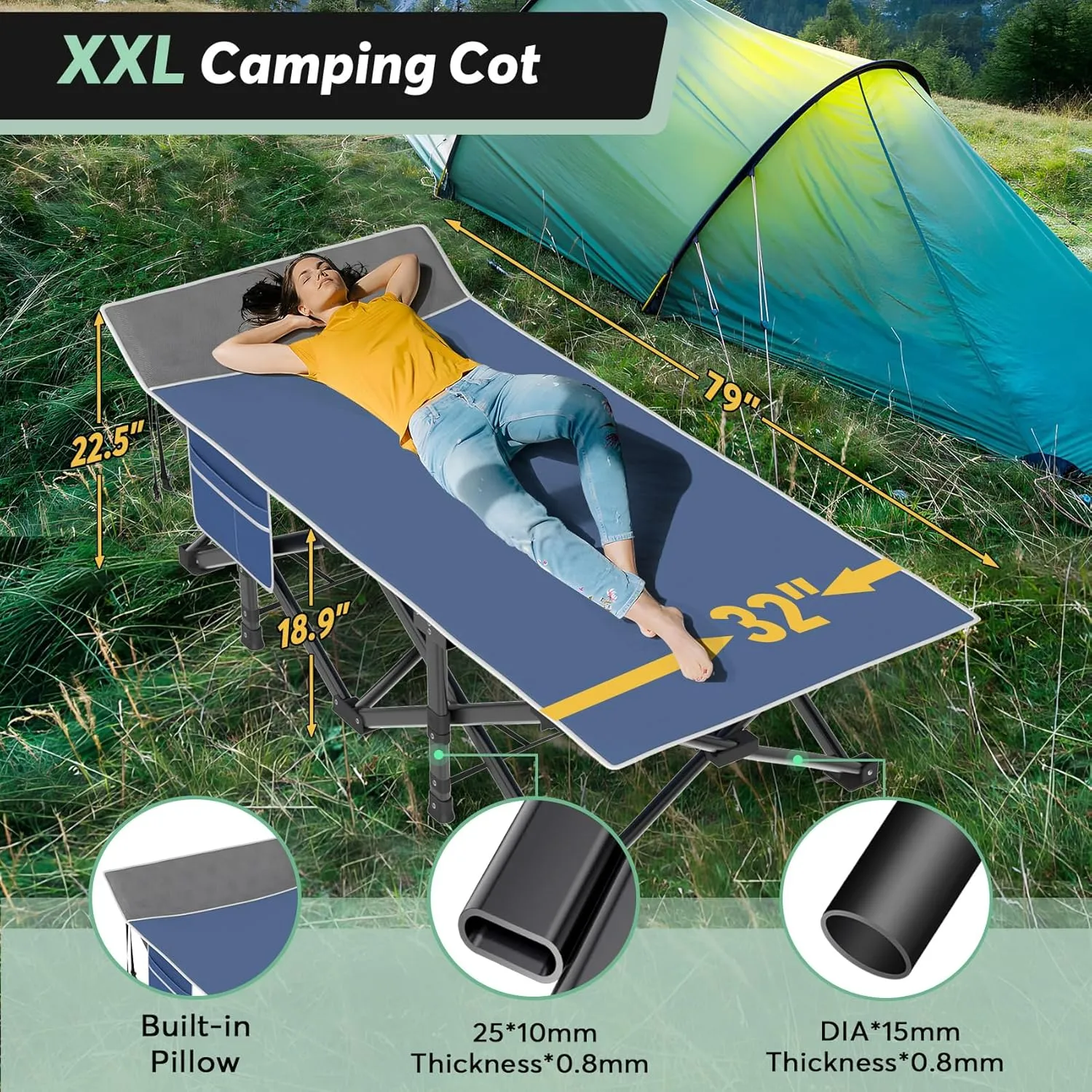 Slendor Ovsesized Camping Cot XXL, Folding Cot for Adults,79" L x 32" W x 19" H Camp Cot, Sleeping Cot with Mattress, Carry Bag, Cot Bed for Tent, Office, Support 500lbs, Blue Cot  Grey Pad