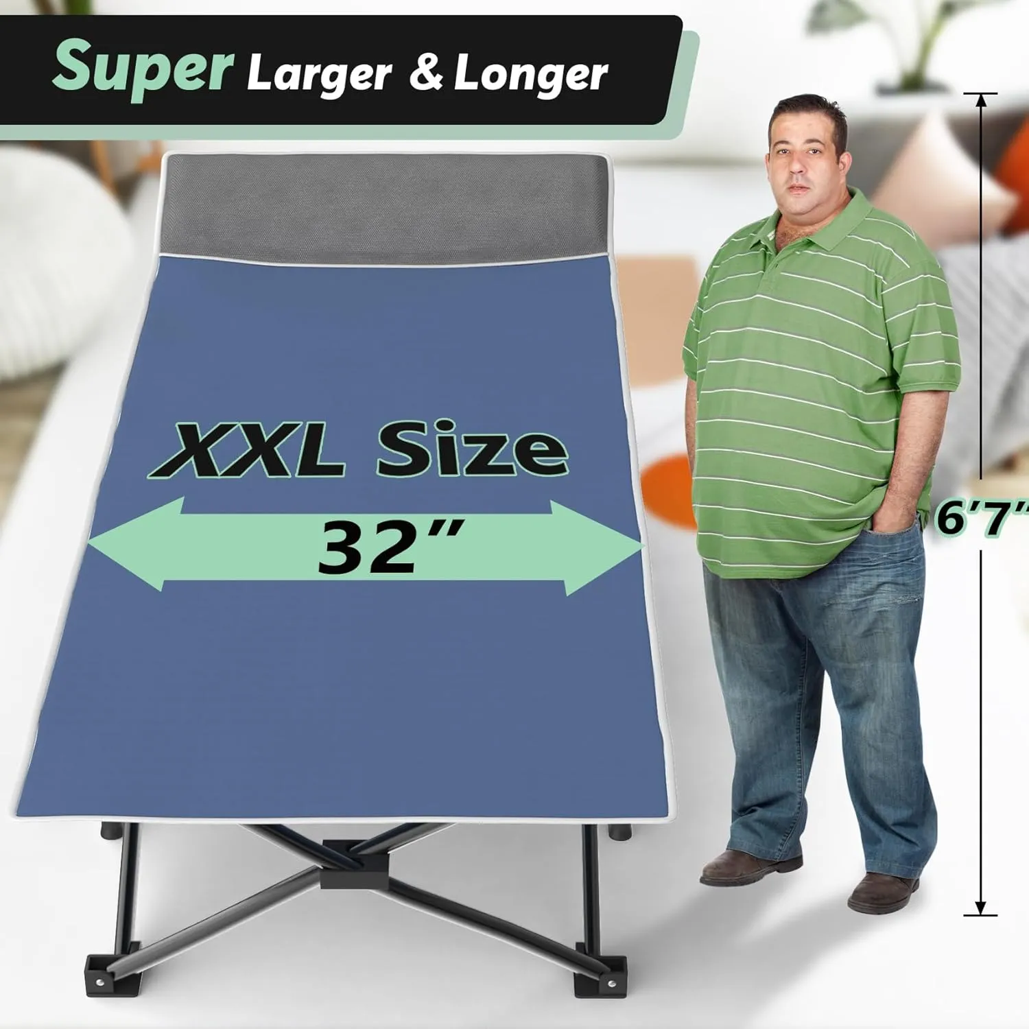 Slendor Ovsesized Camping Cot XXL, Folding Cot for Adults,79" L x 32" W x 19" H Camp Cot, Sleeping Cot with Mattress, Carry Bag, Cot Bed for Tent, Office, Support 500lbs, Blue Cot  Grey Pad