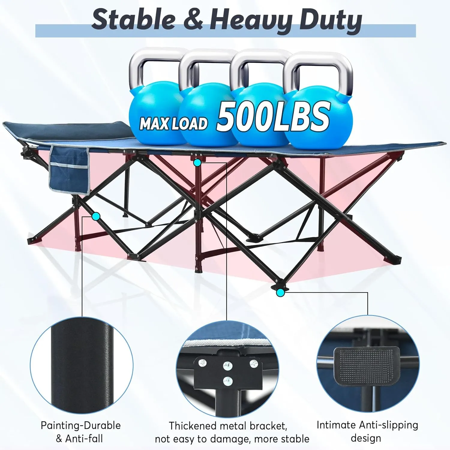 Slendor Ovsesized Camping Cot XXL, Folding Cot for Adults,79" L x 32" W x 19" H Camp Cot, Sleeping Cot with Mattress, Carry Bag, Cot Bed for Tent, Office, Support 500lbs, Blue Cot  Grey Pad