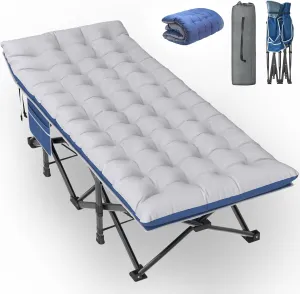 Slendor Ovsesized Camping Cot XXL, Folding Cot for Adults,79" L x 32" W x 19" H Camp Cot, Sleeping Cot with Mattress, Carry Bag, Cot Bed for Tent, Office, Support 500lbs, Blue Cot  Grey Pad