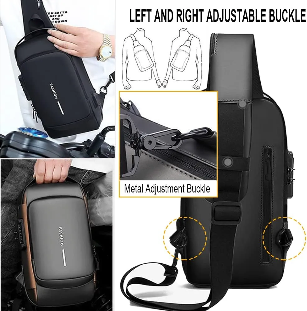 Sling Backpack USB Waterproof Chest Daypack Casual Shoulder Bag (Black)