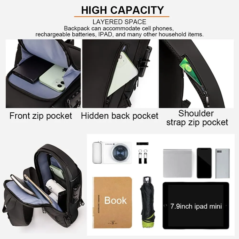 Sling Backpack USB Waterproof Chest Daypack Casual Shoulder Bag (Black)