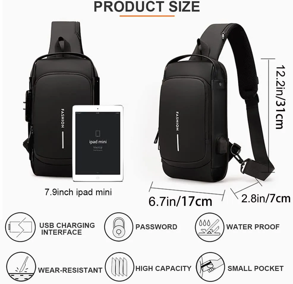 Sling Backpack USB Waterproof Chest Daypack Casual Shoulder Bag (Black)