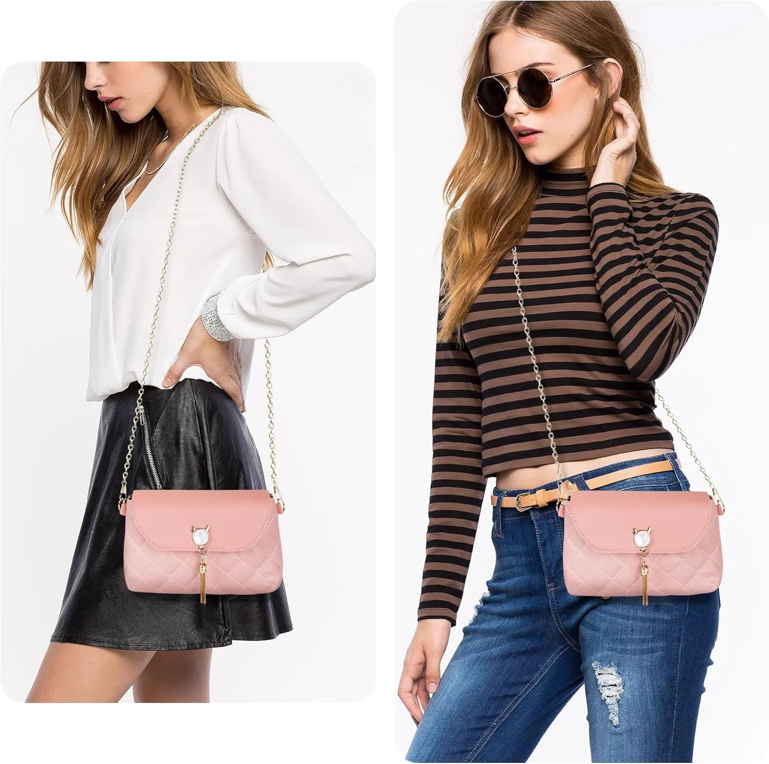 Small Crossbody Bags for Women, Trendy Quilted Purse with Cute Cat Shape Tassels, Chain Shoulder Bag for Female Teen Girls