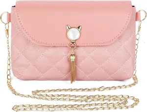 Small Crossbody Bags for Women, Trendy Quilted Purse with Cute Cat Shape Tassels, Chain Shoulder Bag for Female Teen Girls