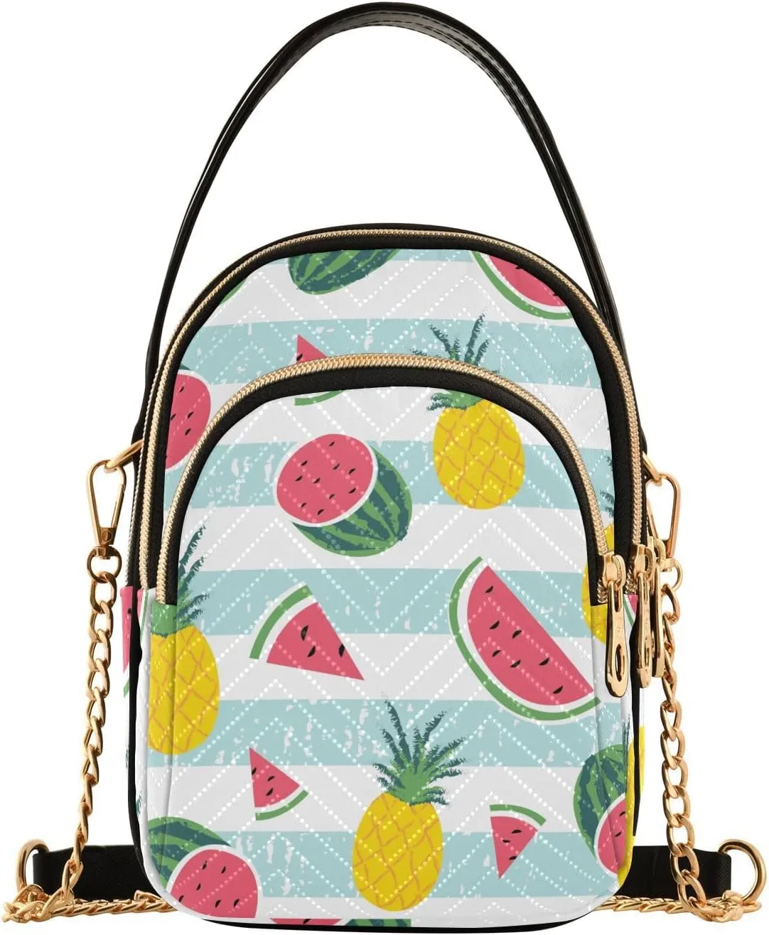 Small Crossbody Bags Watermelon Pineapples Blue Stripe Shoulder Bag for Women Quilted Wave Cross Body Bag